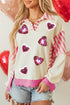 Sequin Heart Stripe Pattern Collared Split Hem Graphic Sweatshirt