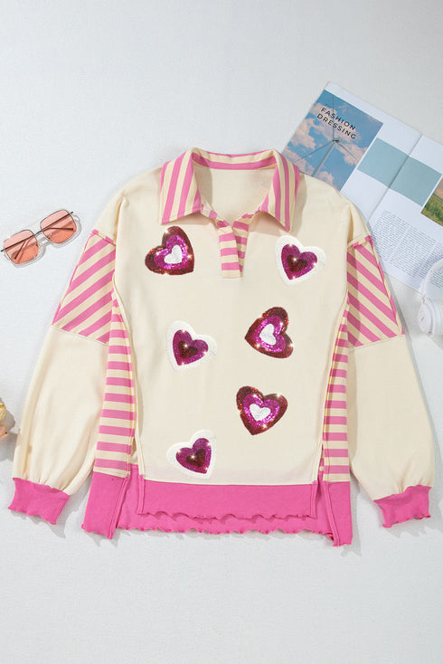 Sequin Heart Stripe Pattern Collared Split Hem Graphic Sweatshirt