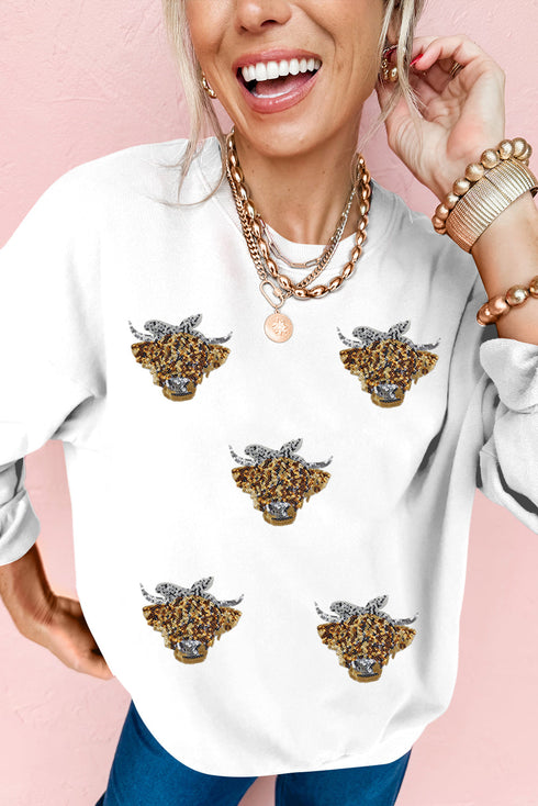 Sequin Highland Cow Motif Crew Neck Pullover Sweatshirt