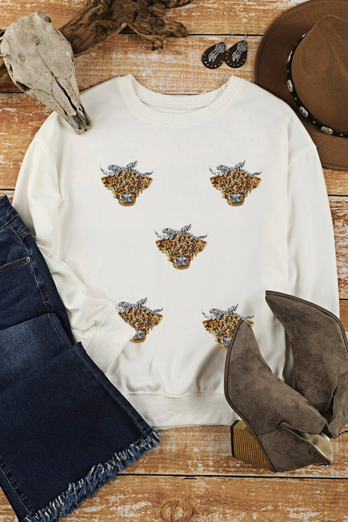 Sequin Highland Cow Motif Crew Neck Pullover Sweatshirt