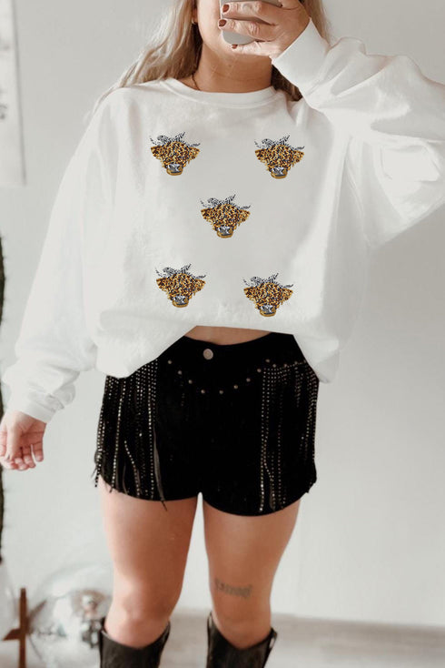 Sequin Highland Cow Motif Crew Neck Pullover Sweatshirt