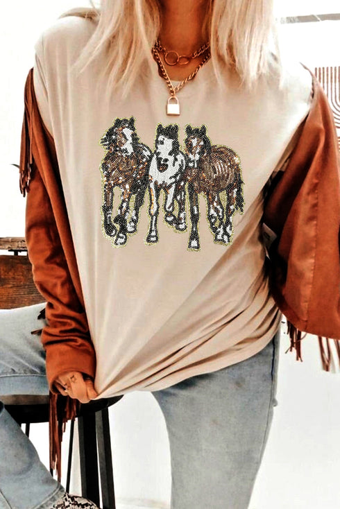 Sequin Horse Patch Short Sleeve Crewneck Tee