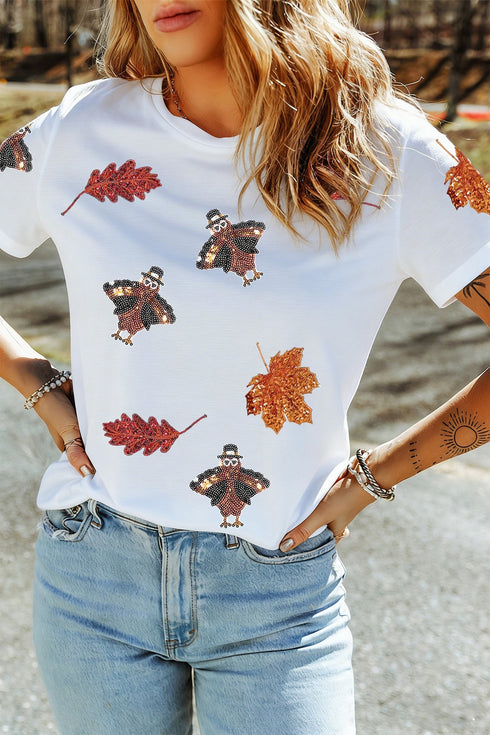 Sequin Leaf And Turkey Graphic T Shirt