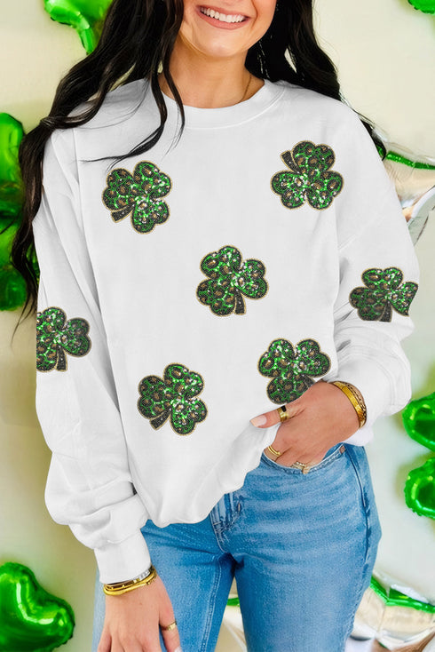 Sequin Leopard Print Shamrock Patch Crewneck Sweatshirt