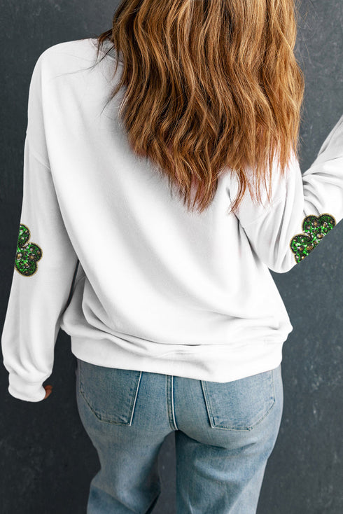 Sequin Leopard Print Shamrock Patch Crewneck Sweatshirt