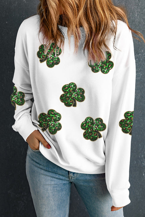 Sequin Leopard Print Shamrock Patch Crewneck Sweatshirt