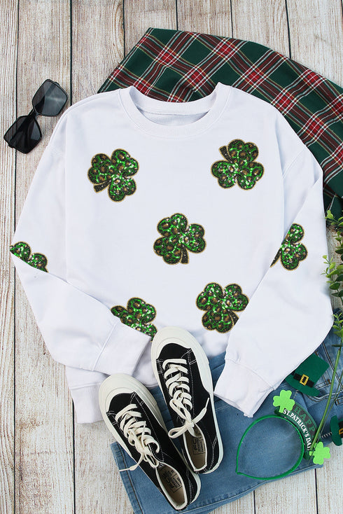 Sequin Leopard Print Shamrock Patch Crewneck Sweatshirt