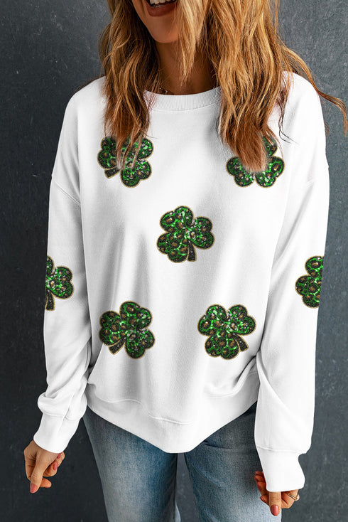 Sequin Leopard Print Shamrock Patch Crewneck Sweatshirt