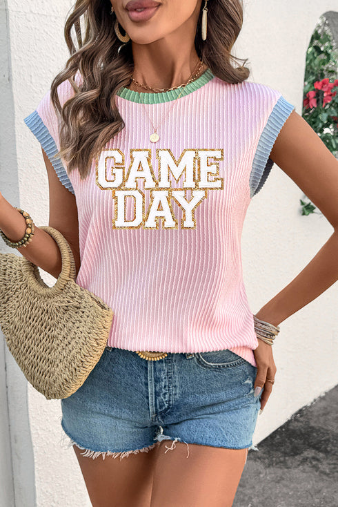 Sequin Letter Graphic Corded Rib Knit Shirt