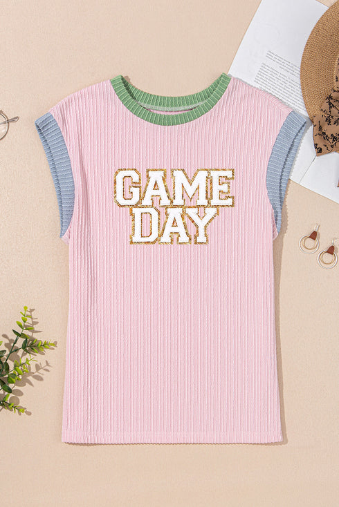 Sequin Letter Graphic Corded Rib Knit Shirt