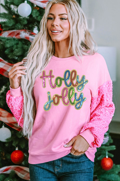 Sequin Letter Graphic Drop Shoulder Long Sleeve Pullover Top