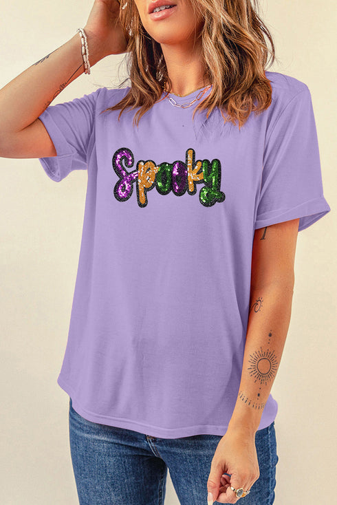 Sequin Letter Patch Graphic Short Sleeve Tee Shirt