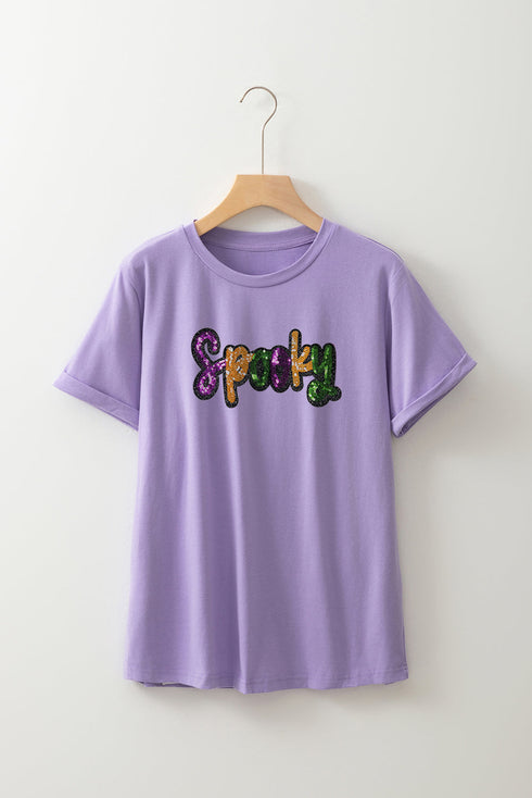 Sequin Letter Patch Graphic Short Sleeve Tee Shirt