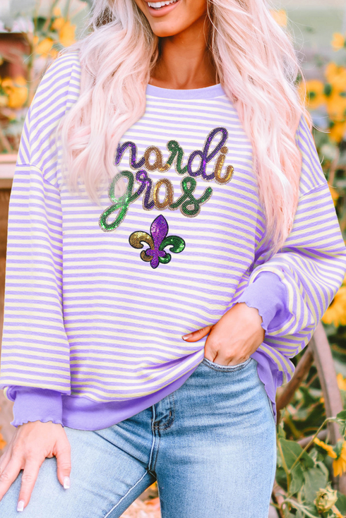 Sequin Letter Patch Striped Drop Shoulder Tee