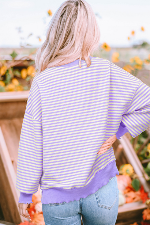 Sequin Letter Patch Striped Drop Shoulder Tee