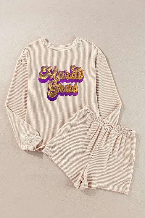 Sequin Letter Print Corded Knit Two Piece Graphic Set
