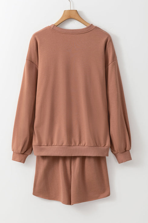 Sequin Letter Print Loose Fit Sweatshirt Short Set