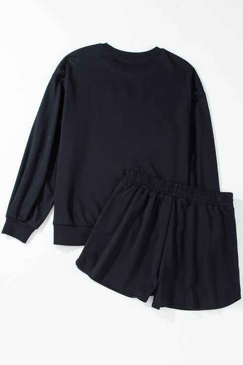 Sequin Letter Print Loose Fit Sweatshirt Short Set
