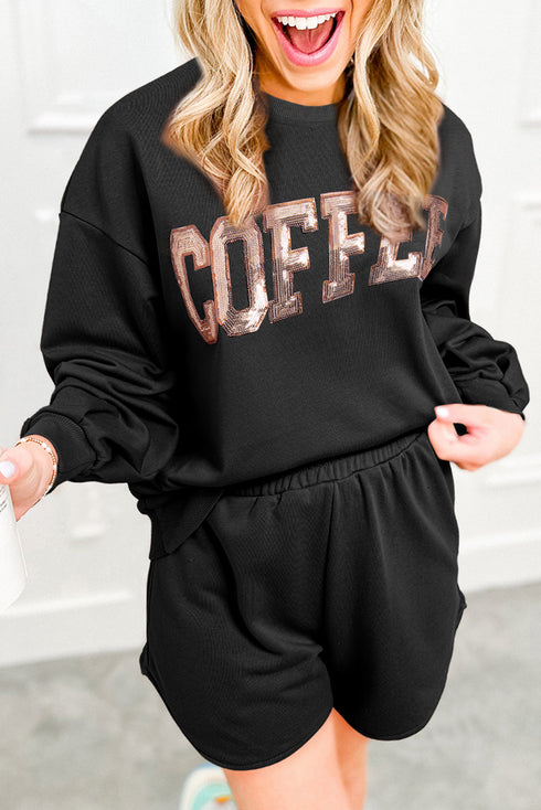 Sequin Letter Print Loose Fit Sweatshirt Short Set