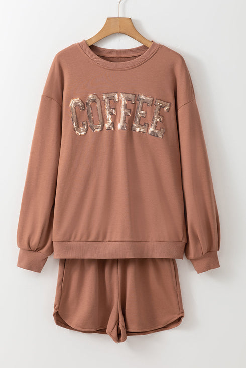 Sequin Letter Print Loose Fit Sweatshirt Short Set