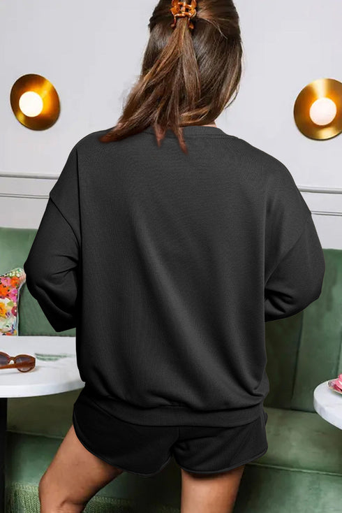 Sequin Letter Print Loose Fit Sweatshirt Short Set