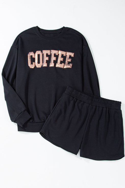 Sequin Letter Print Loose Fit Sweatshirt Short Set