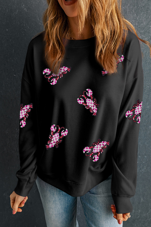 Sequin Lobster Motif Relaxed Fit Pullover Sweatshirt