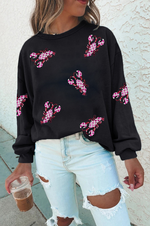 Sequin Lobster Motif Relaxed Fit Pullover Sweatshirt
