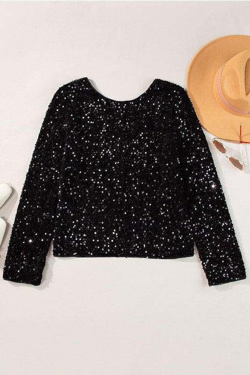 Sequin Long Sleeve Cutout Back Top