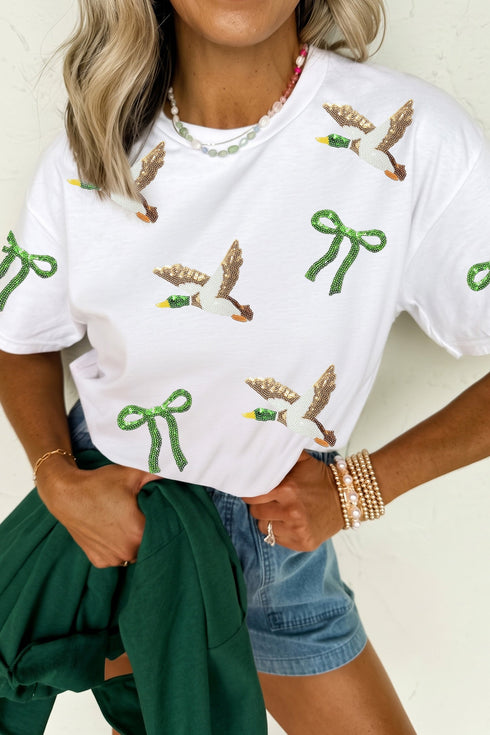 Sequin Mallard Bow Round Neck Graphic T Shirt