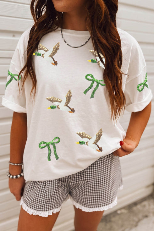 Sequin Mallard Bow Round Neck Graphic T Shirt