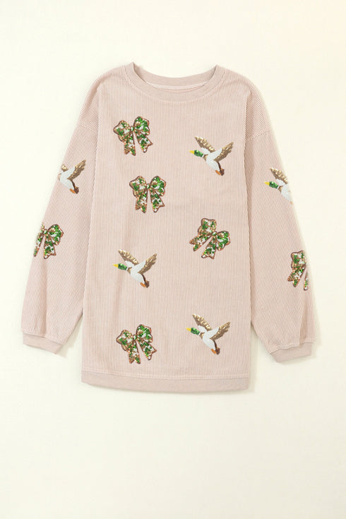 Sequin Mallard Bow Twisted Rib Oversized Western Sweatshirt