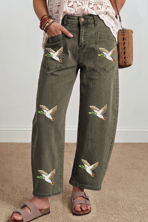 Sequin Mallard Graphic Ankle Length Barrel Silhouette Pants