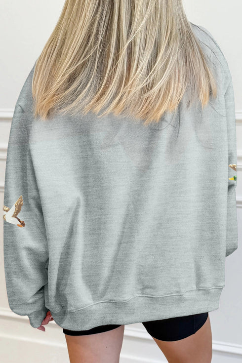 Sequin Mallard Graphic Mock Neck Baggy Pullover Sweatshirt