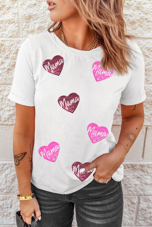 Sequin Mama Heart Graphic Short Sleeve Crew Neck Tee
