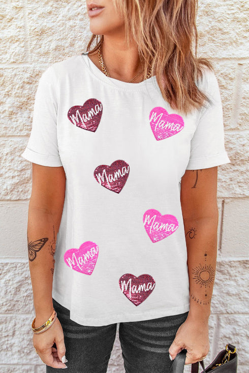 Sequin Mama Heart Graphic Short Sleeve Crew Neck Tee