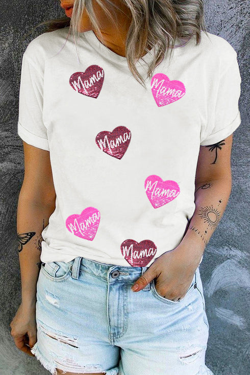 Sequin Mama Heart Graphic Short Sleeve Crew Neck Tee