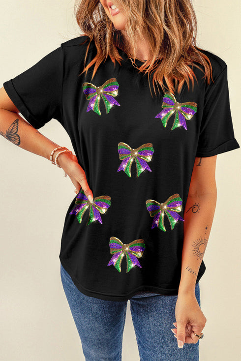 Sequin Mardi Gras Bow Graphic Crewneck Tee