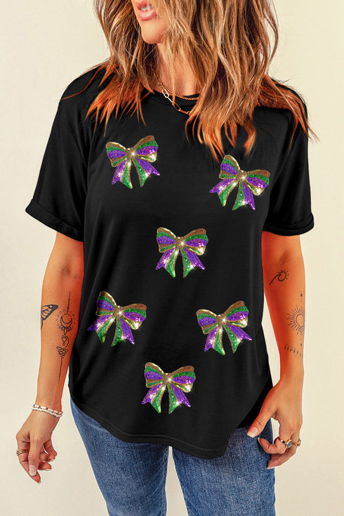 Sequin Mardi Gras Bow Graphic Crewneck Tee