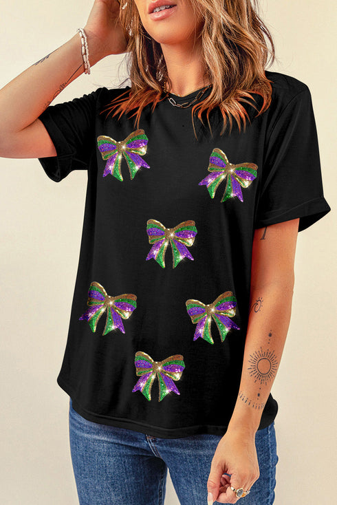 Sequin Mardi Gras Bow Graphic Crewneck Tee