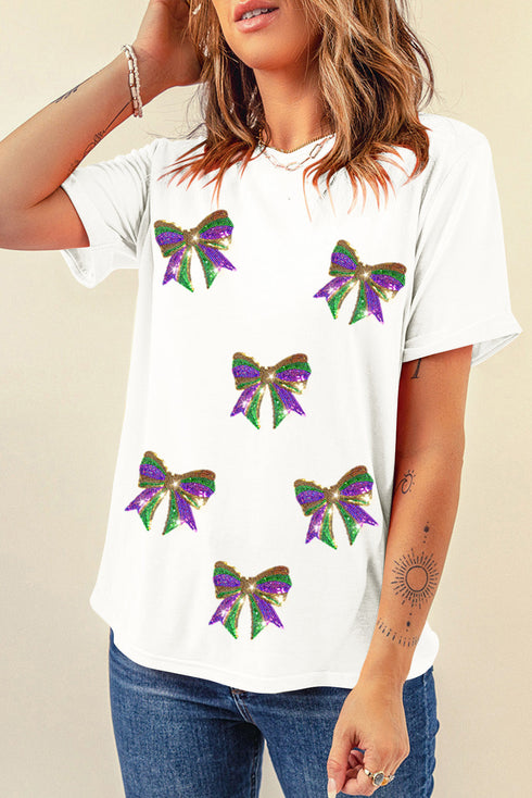 Sequin Mardi Gras Bow Graphic Crewneck Tee