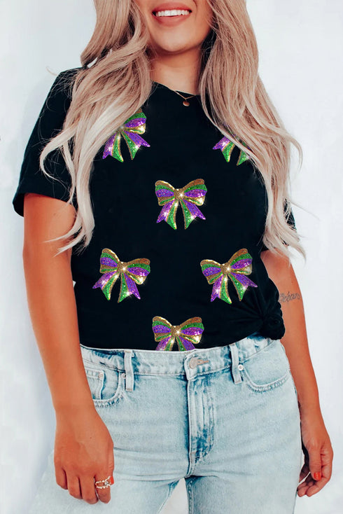 Sequin Mardi Gras Bow Graphic Crewneck Tee