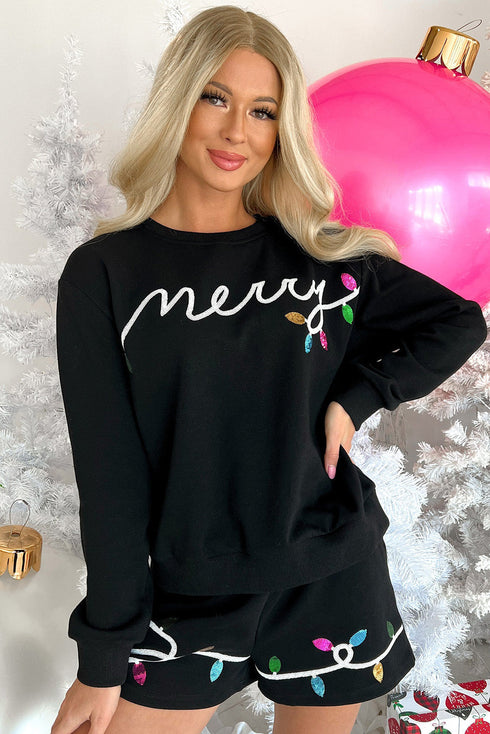 Sequin Merry Script Lights Sweatshirt Lounge Short Set