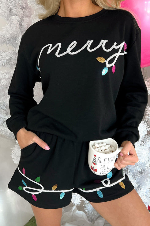 Sequin Merry Script Lights Sweatshirt Lounge Short Set