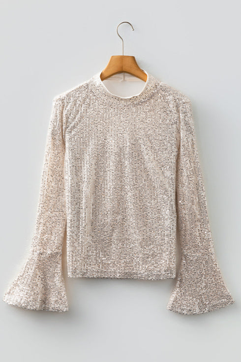 Sequin Mock Neck Open Back Bell Sleeve Top
