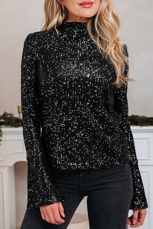 Sequin Mock Neck Open Back Bell Sleeve Top
