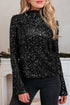 Sequin Mock Neck Open Back Bell Sleeve Top