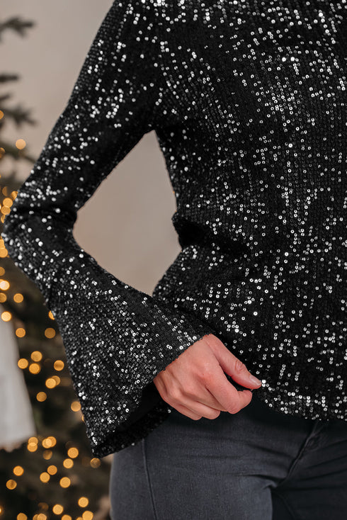 Sequin Mock Neck Open Back Bell Sleeve Top