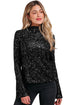 Sequin Mock Neck Open Back Bell Sleeve Top