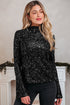 Sequin Mock Neck Open Back Bell Sleeve Top